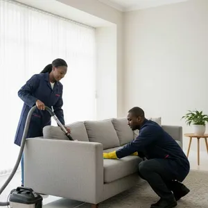 Two people cleaning a gray sofa beside vacuum and bright window