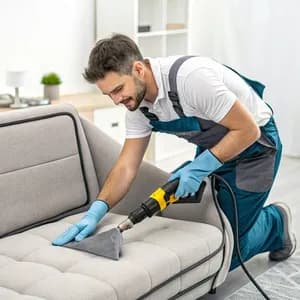 Worker wearing gloves kneeling beside a gray sofa while cleaning a seat with upholstery equipment