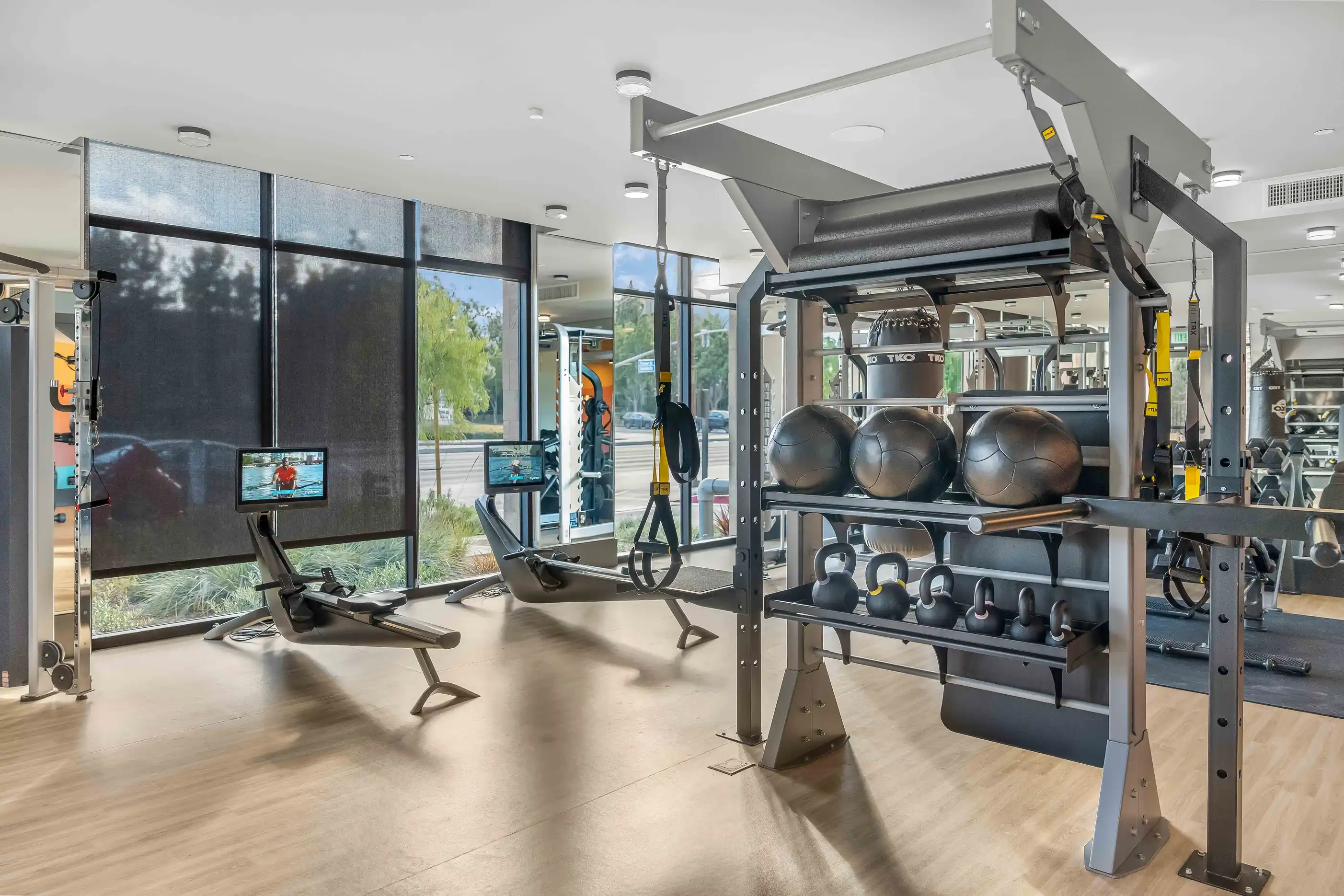 In-building gym at Bloom, Santa Ana